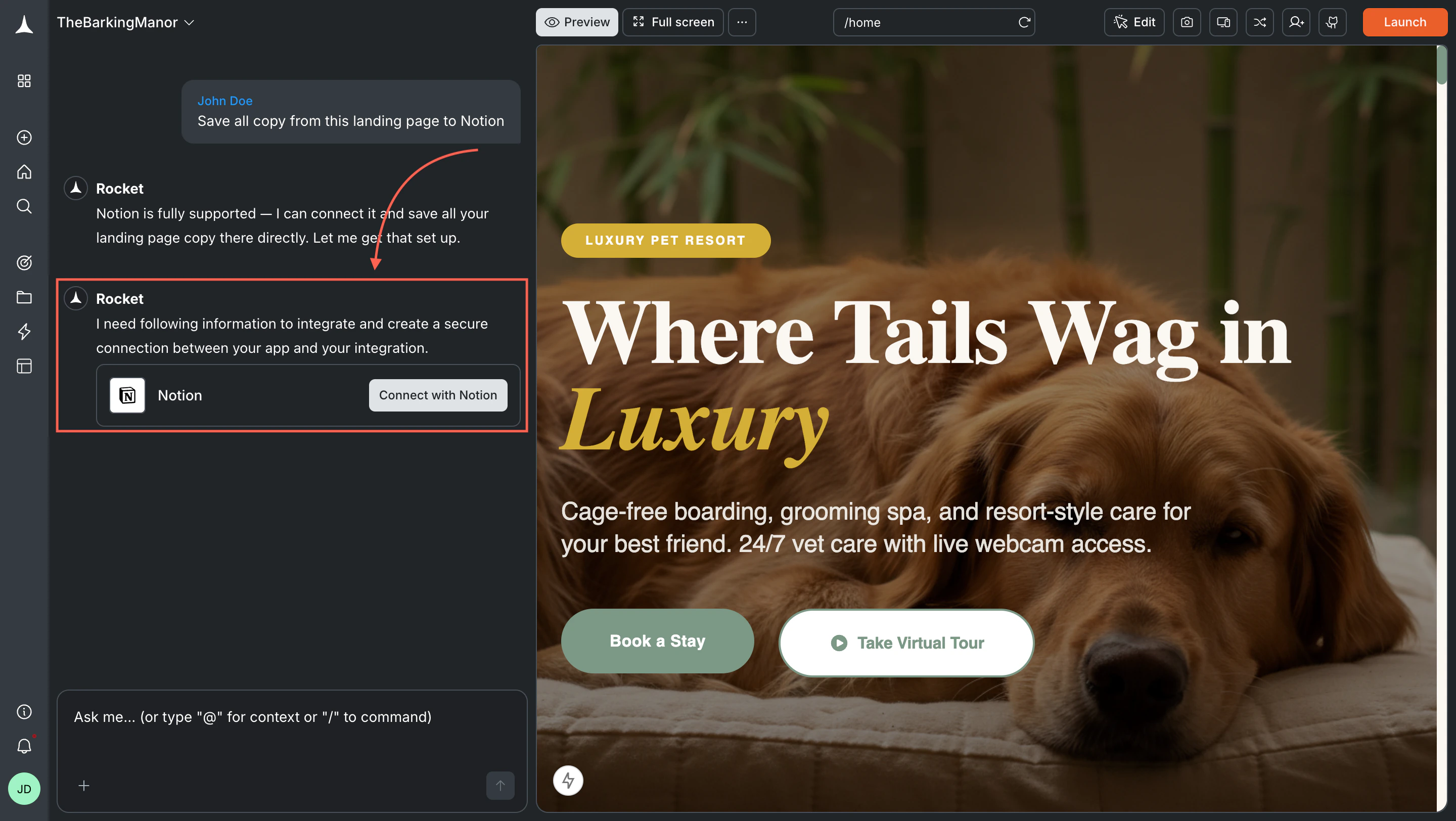 Chat showing a Connect button inline after a Notion prompt.