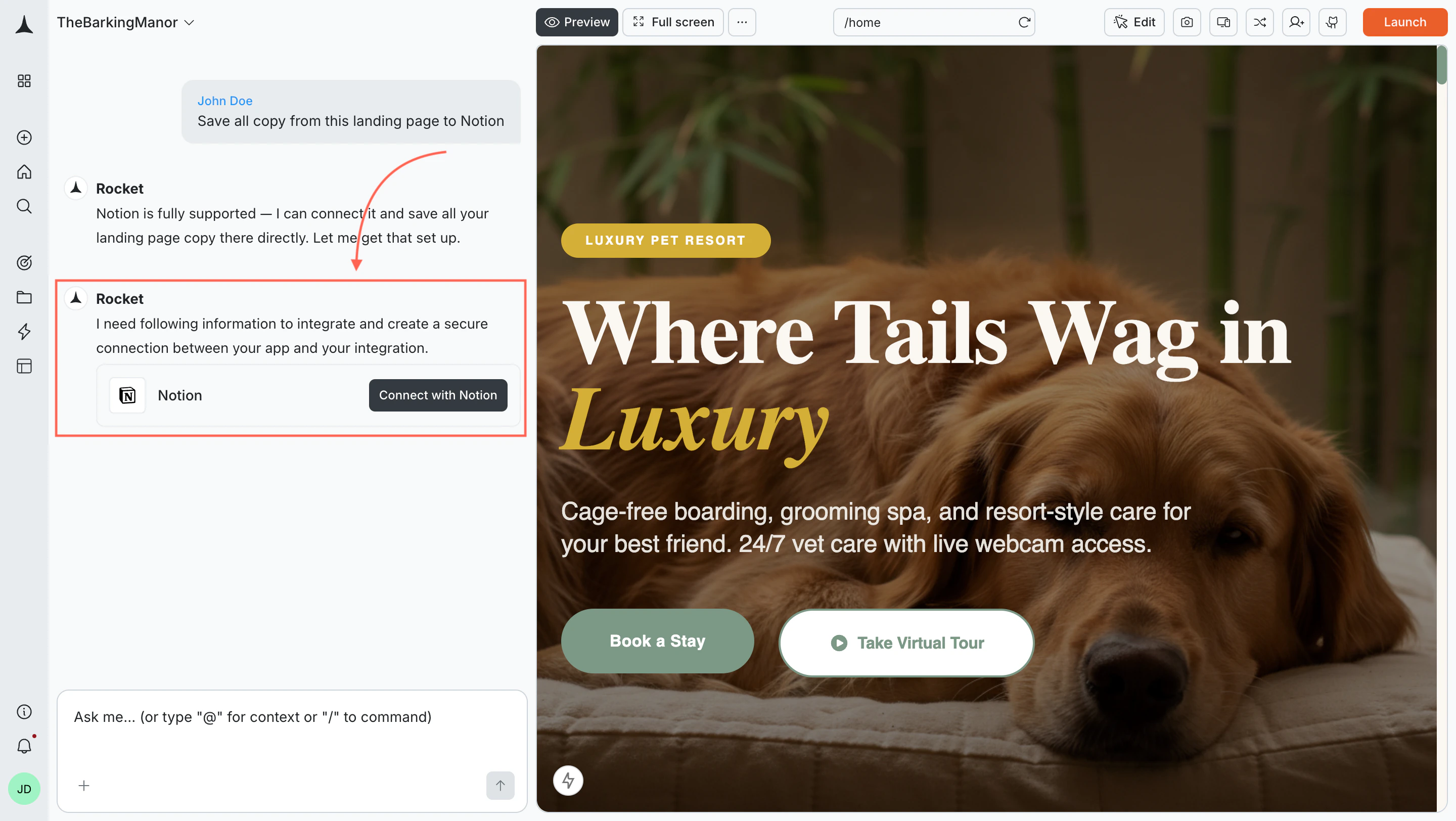 Chat showing a Connect button inline after a Notion prompt.