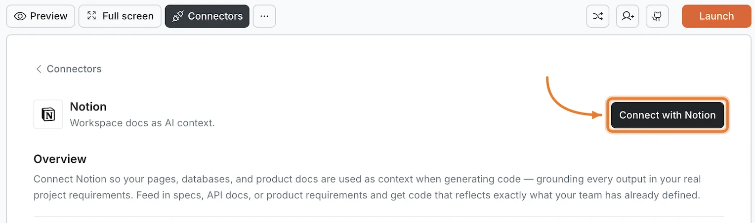 Connectors panel showing the Notion card with a Connect with Notion button.