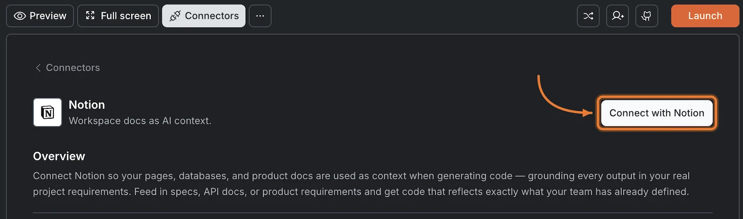 Connectors panel showing the Notion card with a Connect with Notion button.