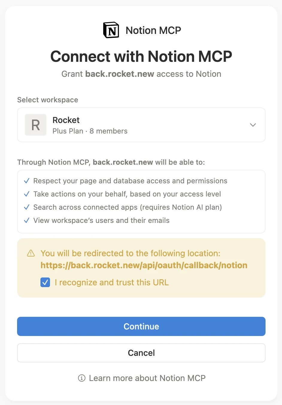 Notion MCP authorization screen showing workspace selection and permission list.