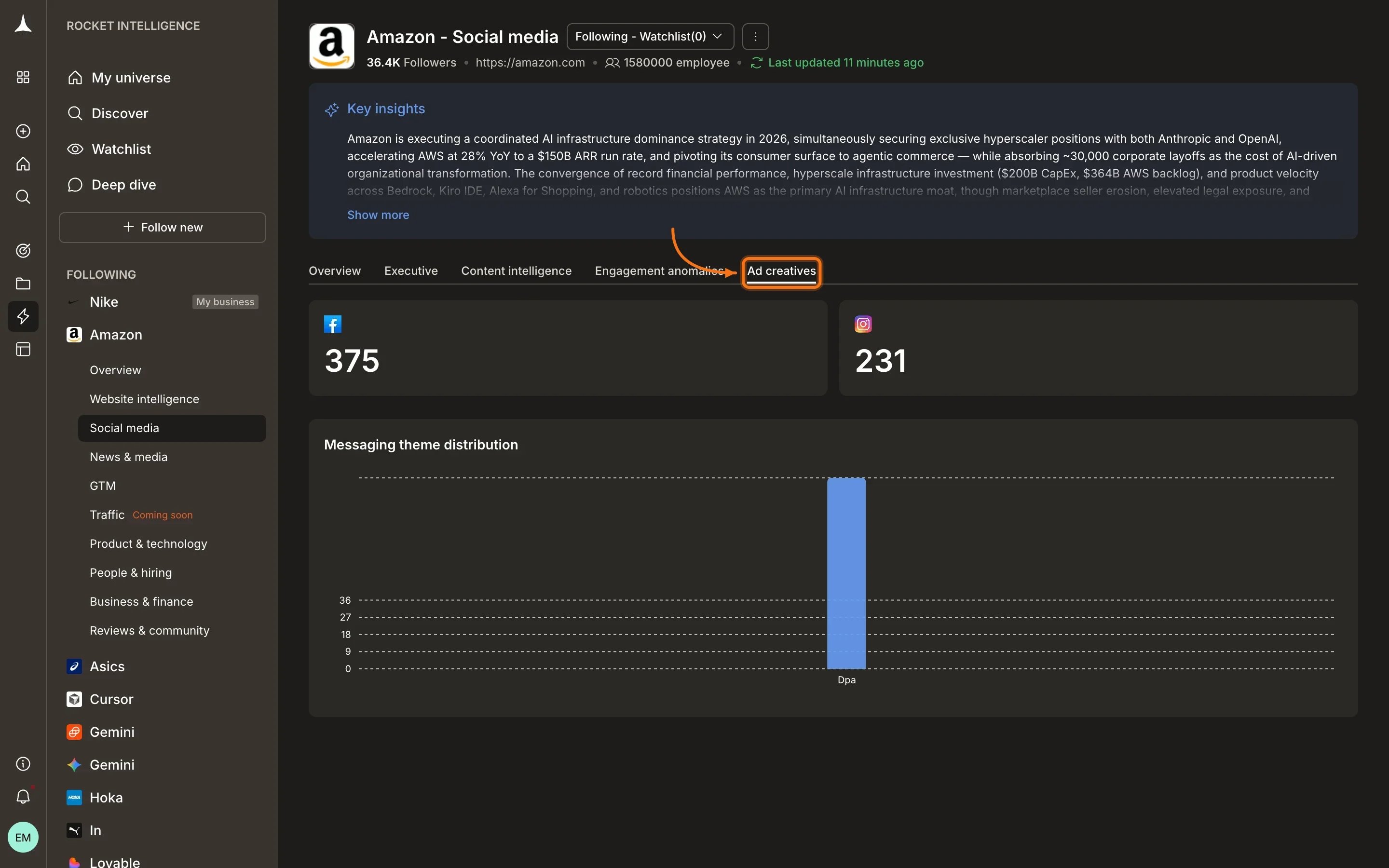 Social Media Ad creatives tab showing detected paid social ads with messaging and creative