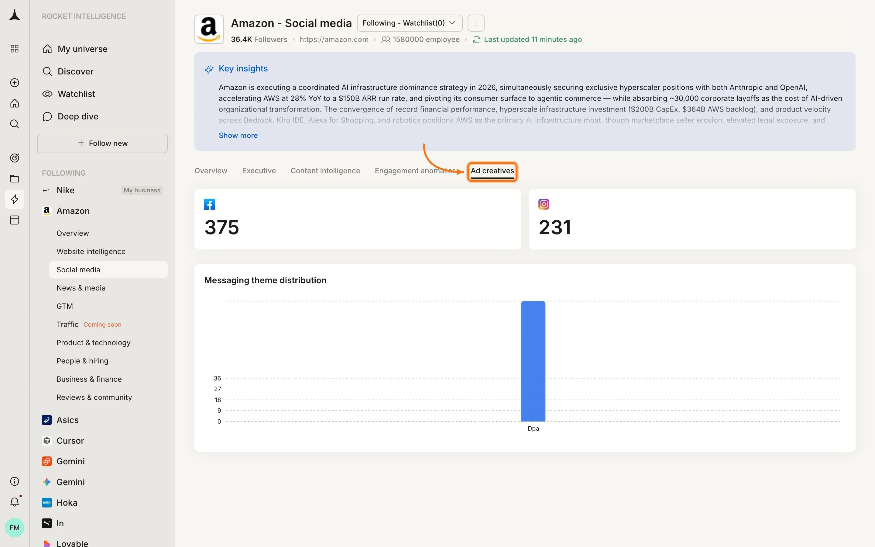 Social Media Ad creatives tab showing detected paid social ads with messaging and creative
