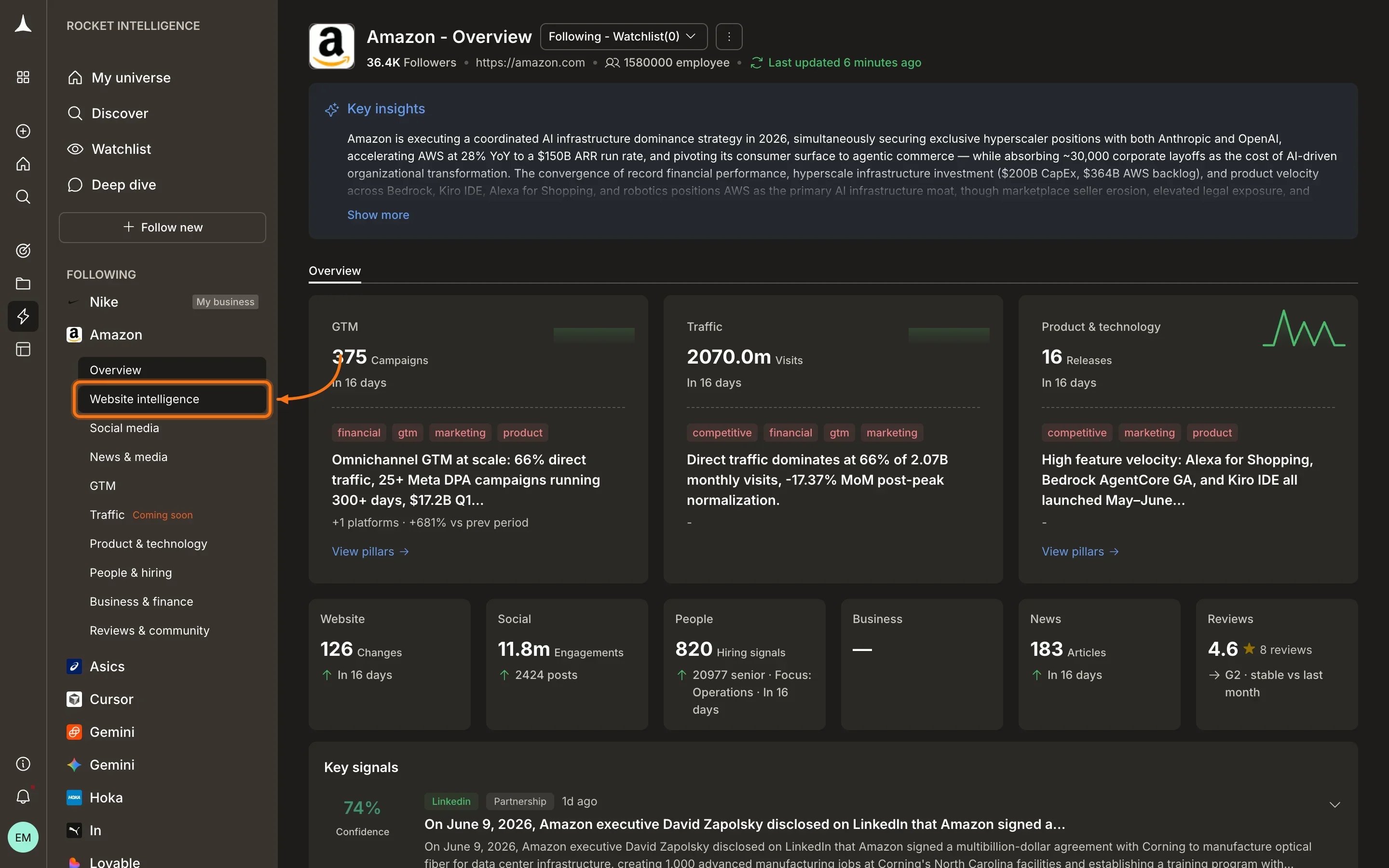 Website Intelligence full pillar view with sub-tab navigation
