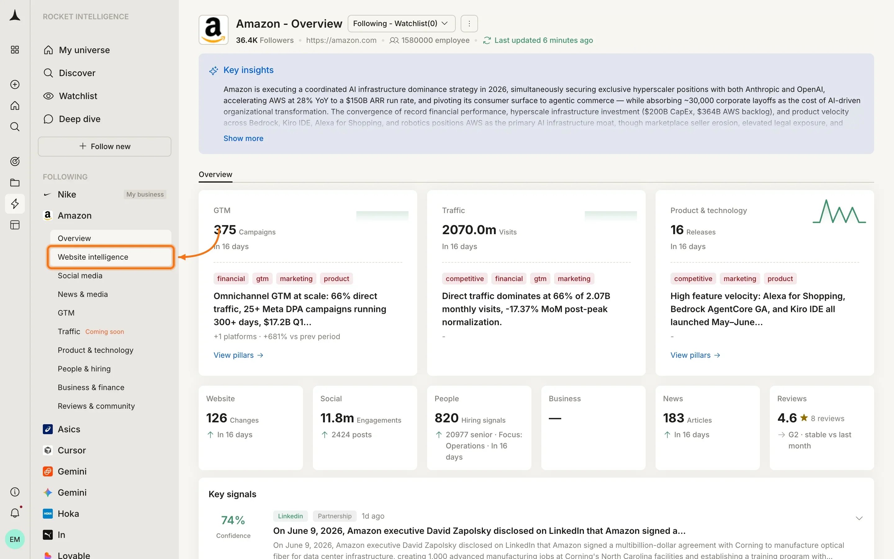 Website Intelligence full pillar view with sub-tab navigation