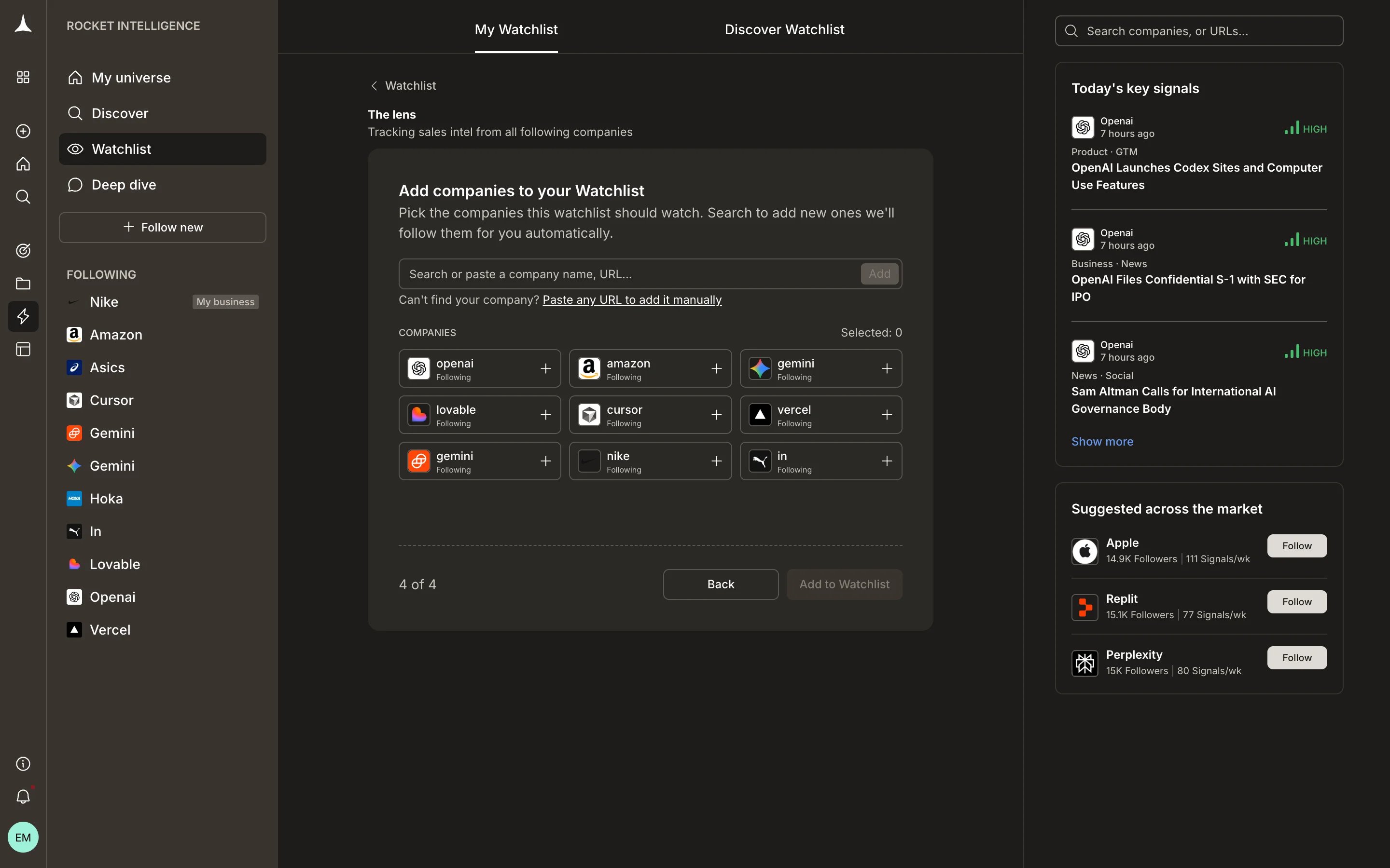 Add companies page with search bar and grid of followed companies