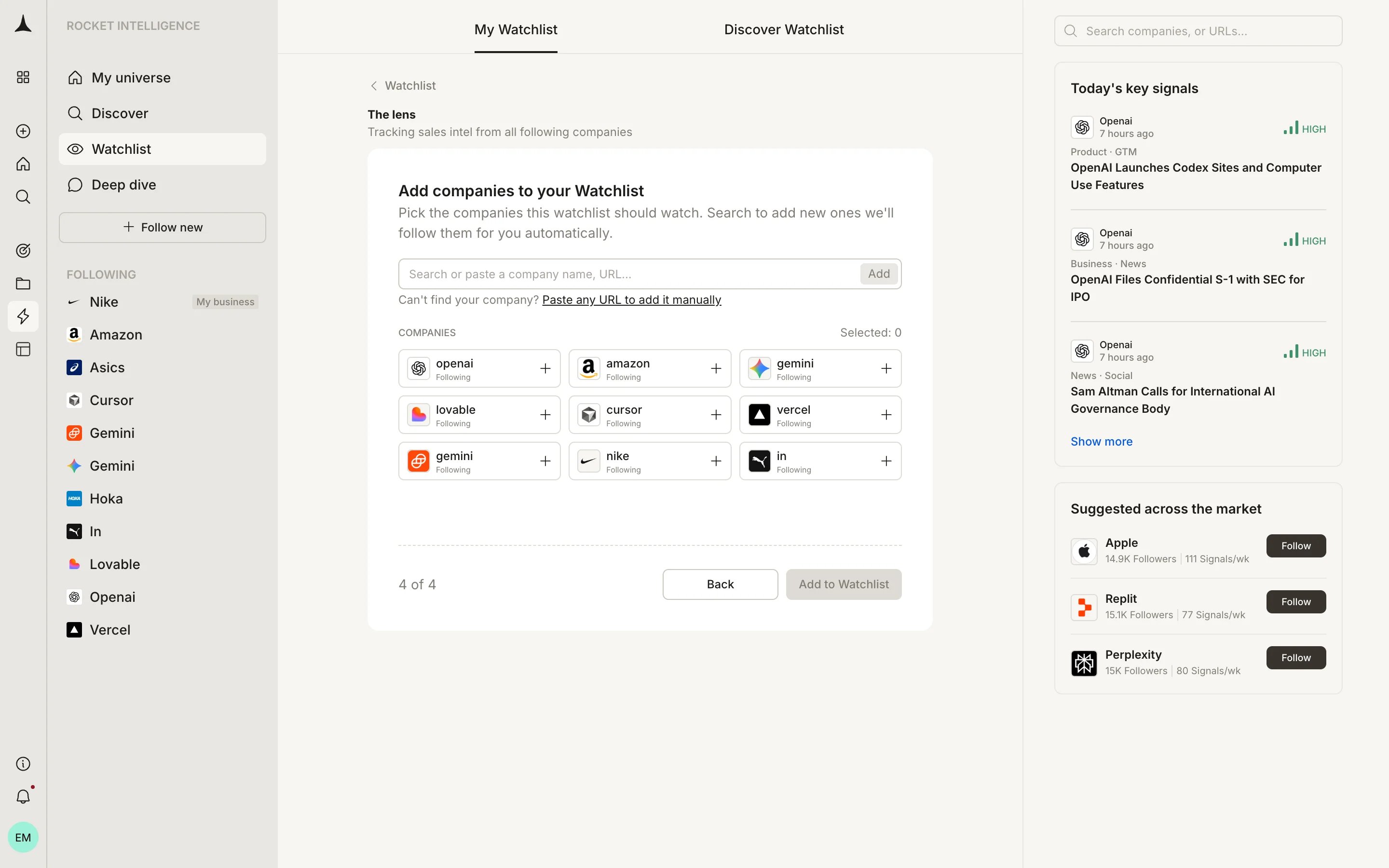 Add companies page with search bar and grid of followed companies