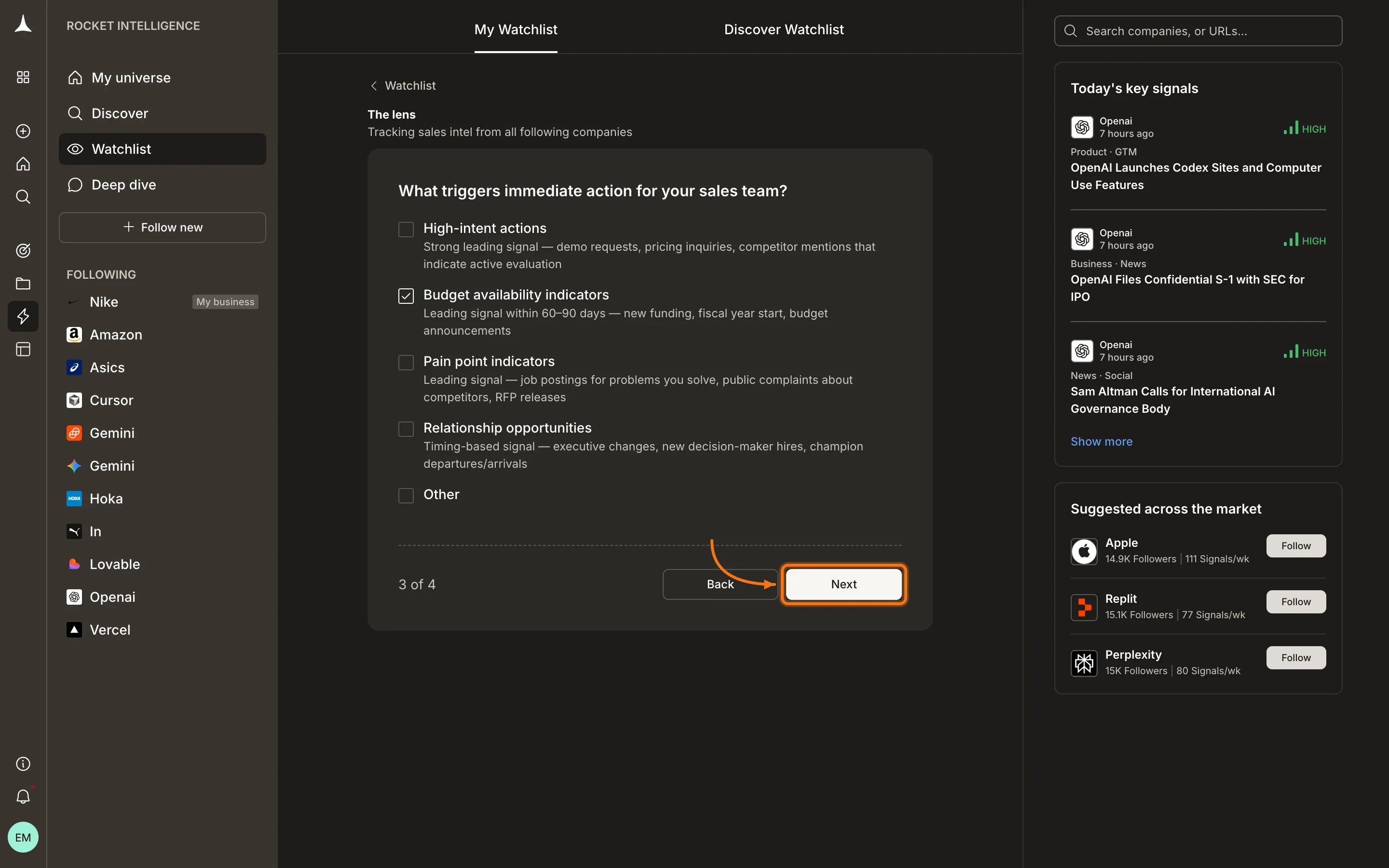 Clarifying questions step with multi-choice options to refine the watchlist lens