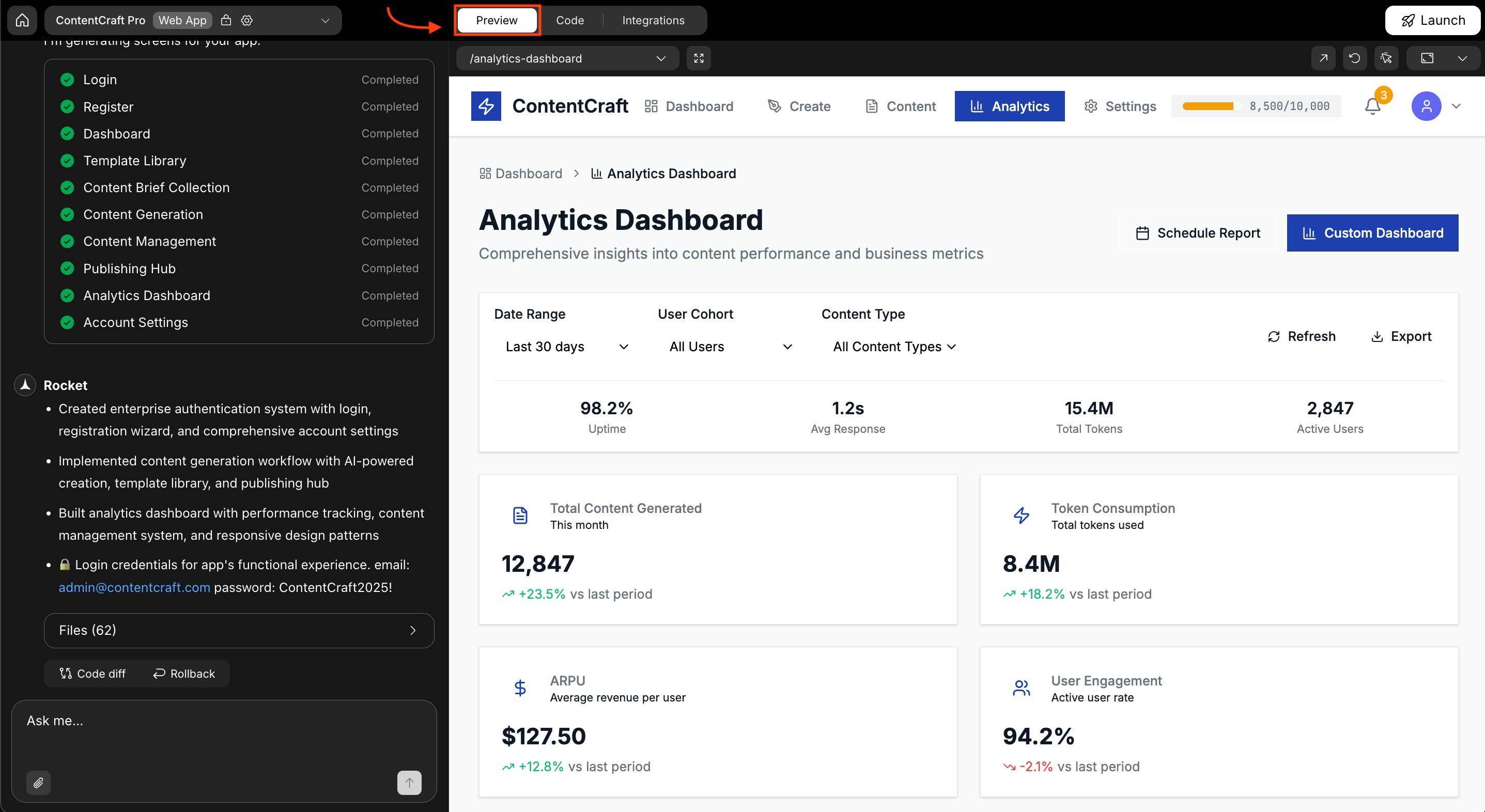 Rocket preview panel showing live web app interface.