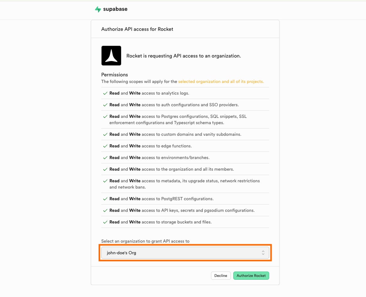 Supabase OAuth screen with organization created