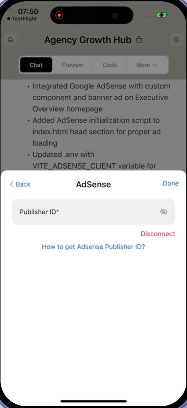AdSense integration modal with Publisher ID input and disconnect option