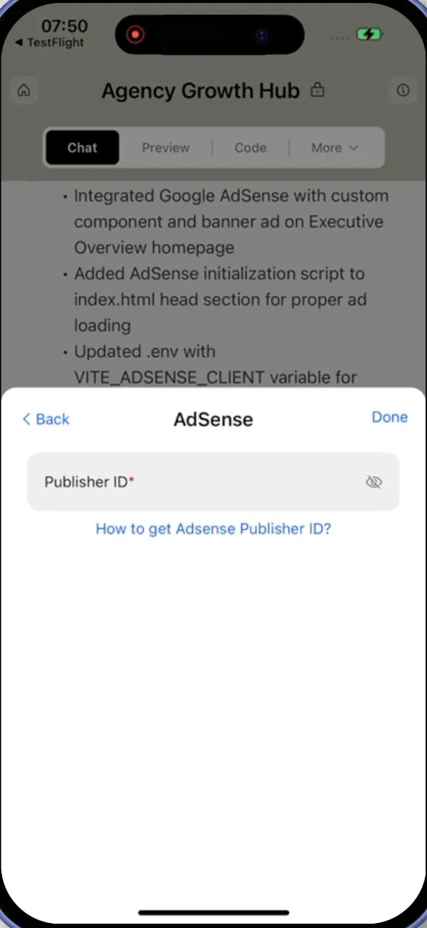 AdSense integration modal with Publisher ID input