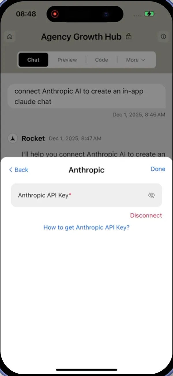Anthropic integration modal with API key input and disconnect option
