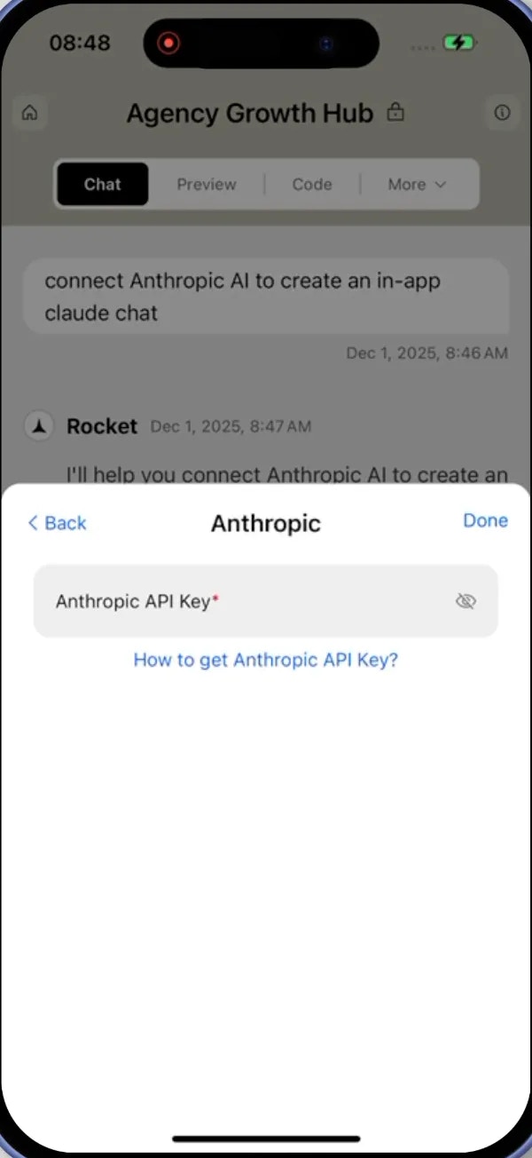 Anthropic integration modal with API key input