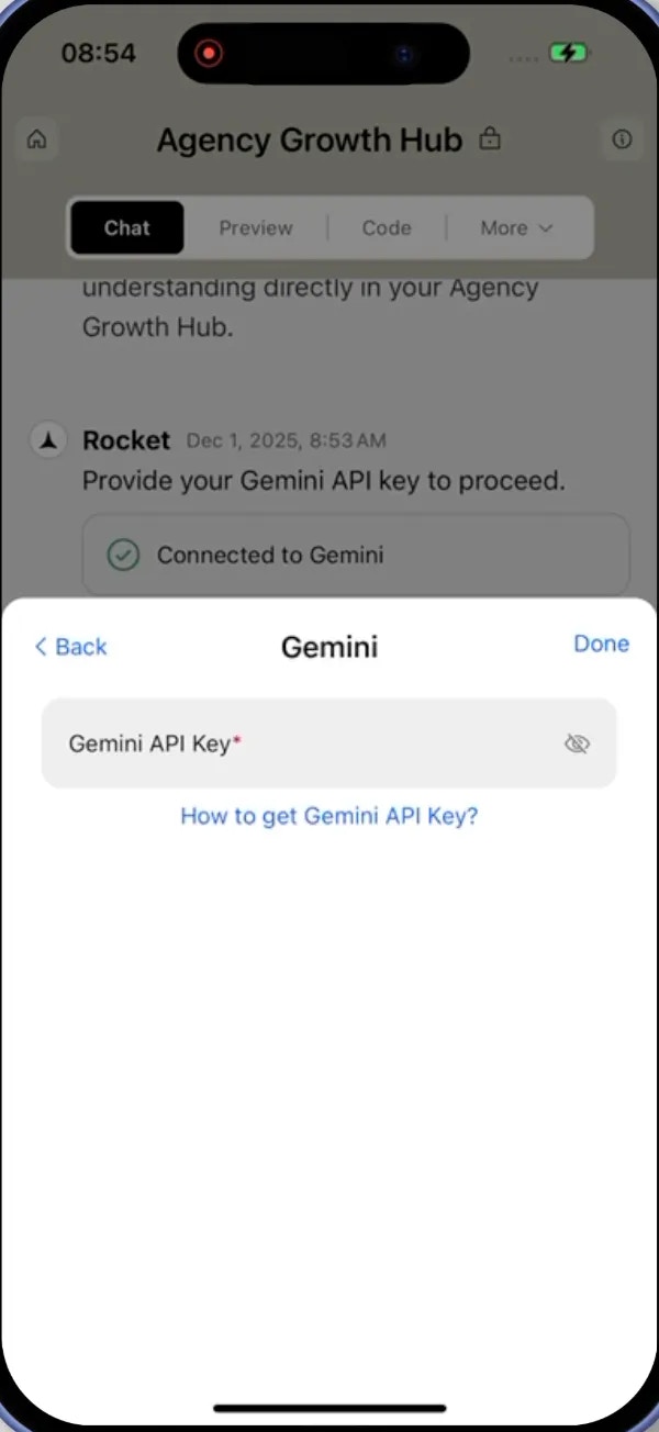 Gemini integration modal with API key input
