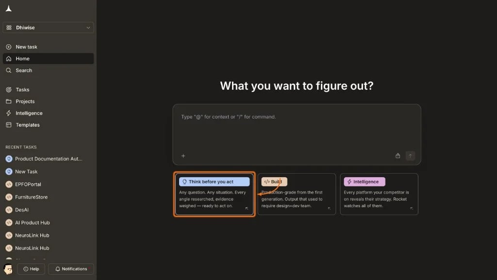 Rocket home screen showing three capability cards with the Solve card highlighted