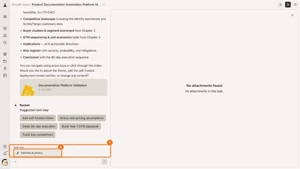 Attachments panel open on the right side with the chat input showing the Add files and photos option highlighted