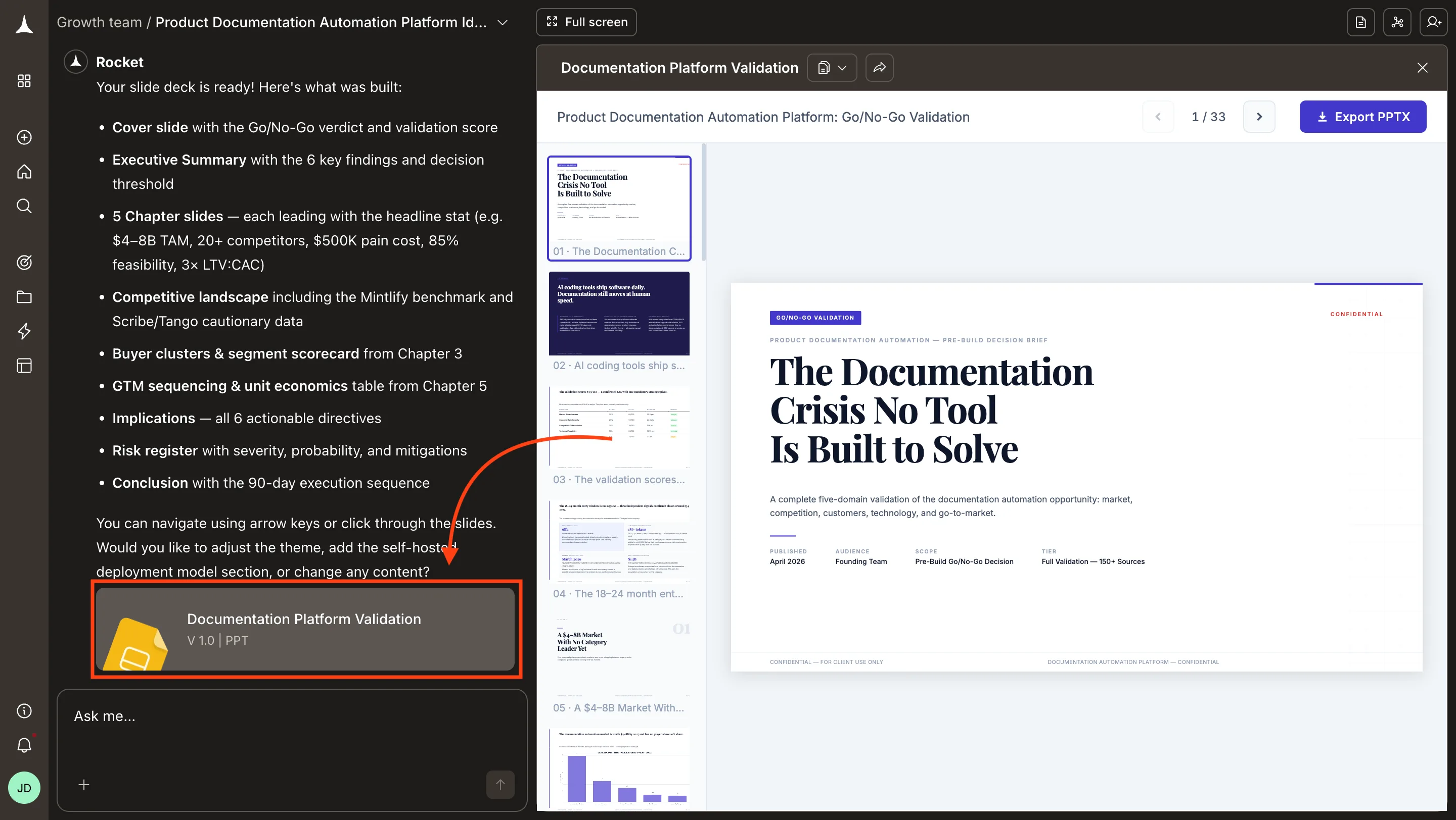 Chat view after PPT generation showing the document card with V 1.0 PPT label and suggested next step chips
