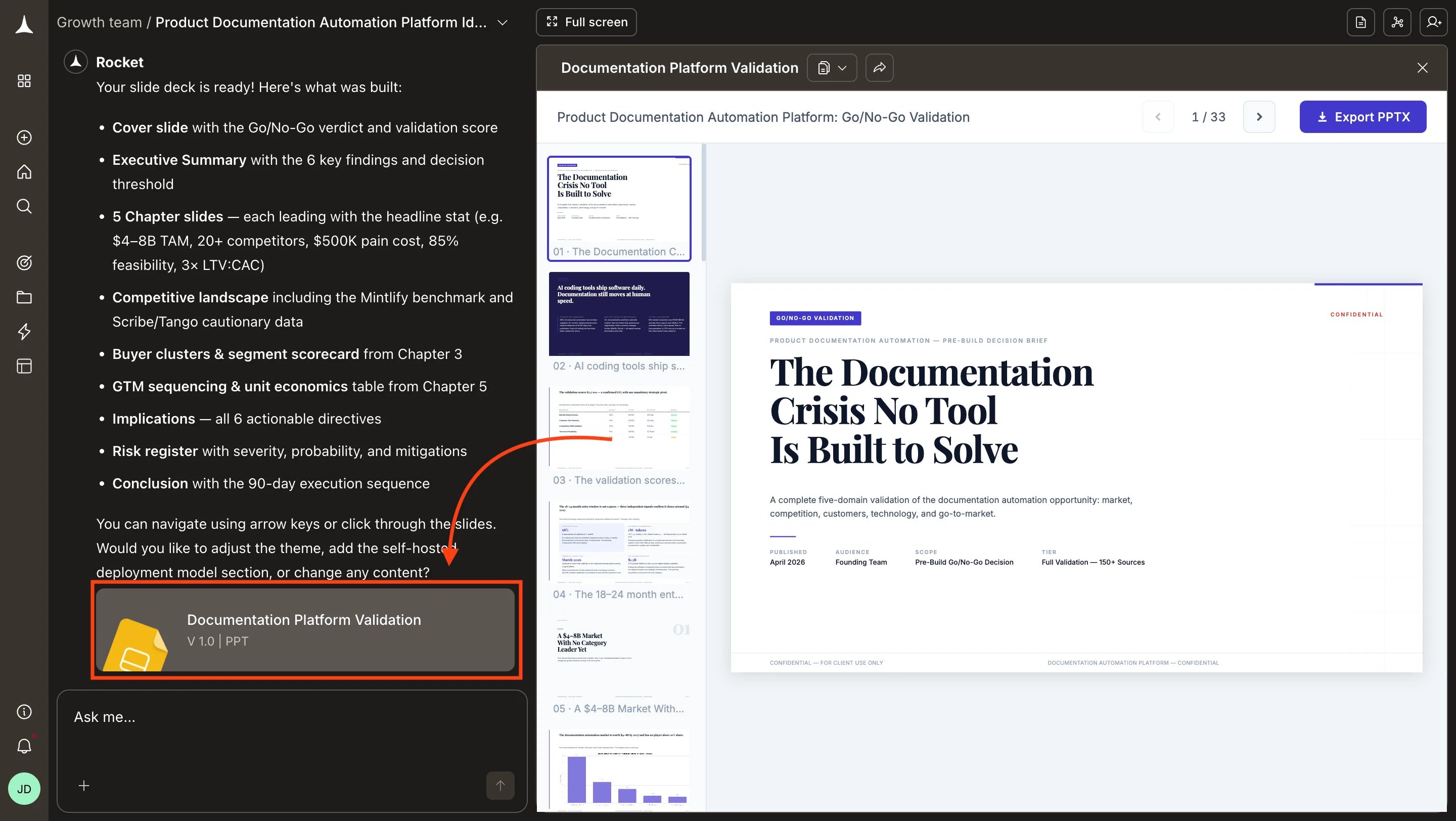 Chat view after PPT generation showing the document card with V 1.0 PPT label and suggested next step chips