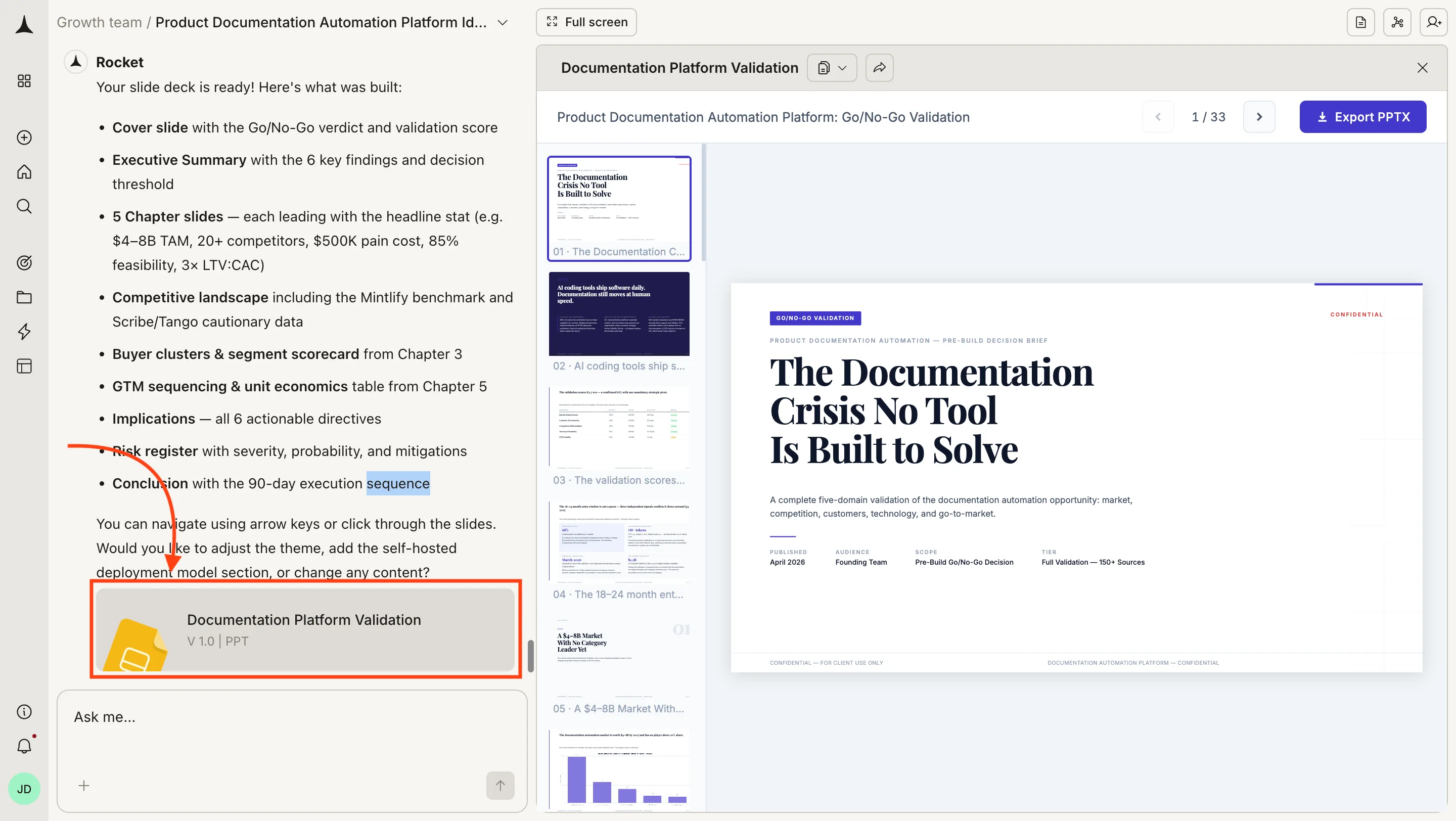 Chat view after PPT generation showing the document card with V 1.0 PPT label and suggested next step chips