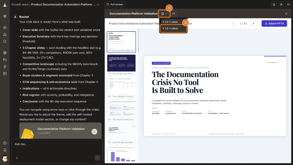 Version dropdown open in the report toolbar showing V 1.0 Latest options