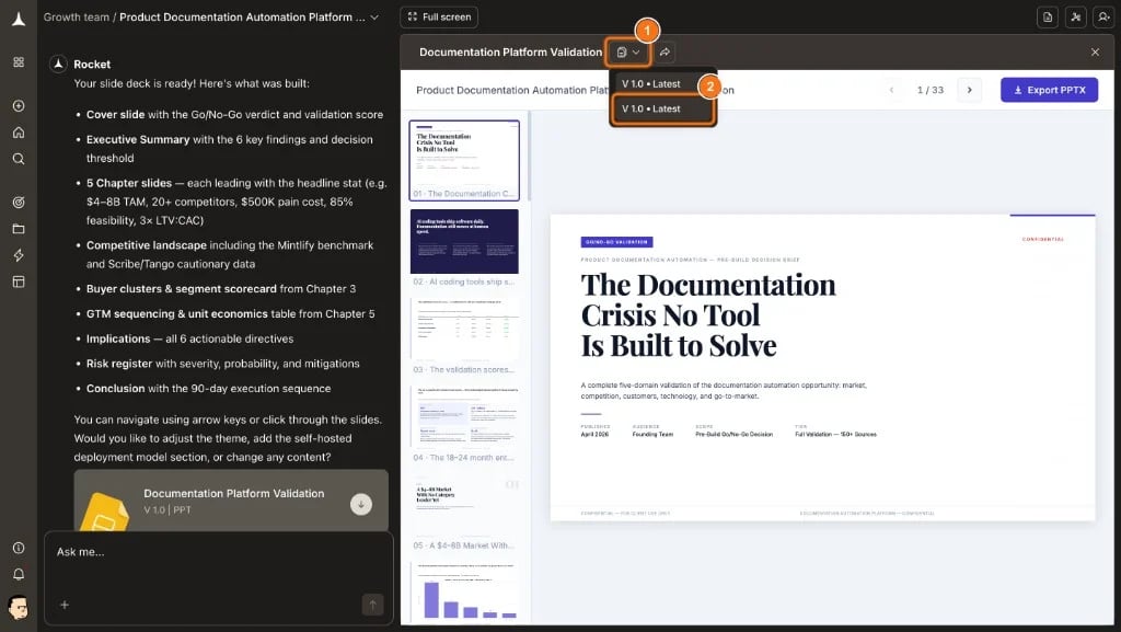 Version dropdown open in the report toolbar showing V 1.0 Latest options
