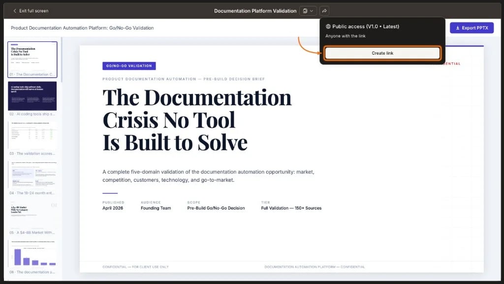 Share dropdown open showing Public access and Create link option