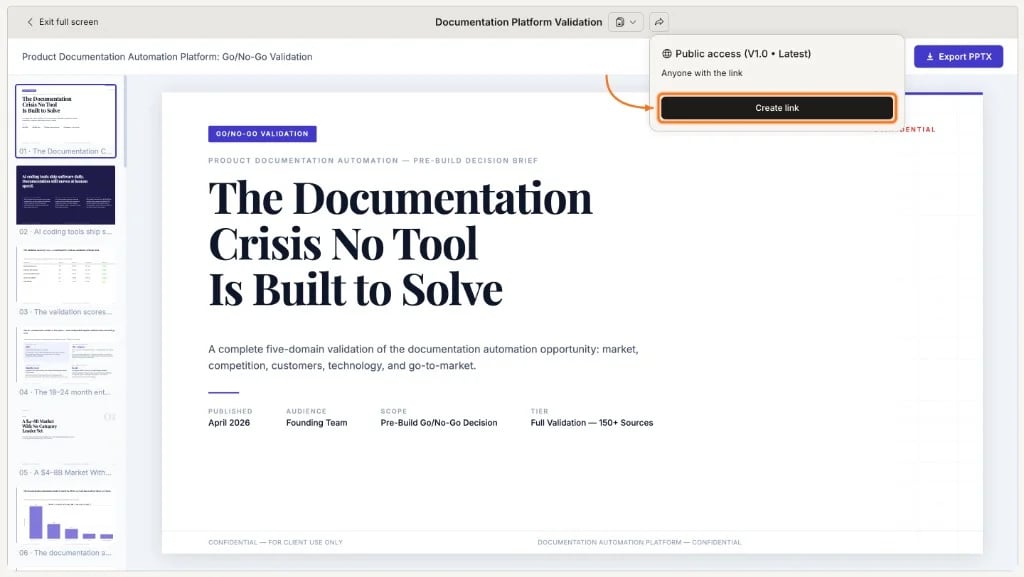 Share dropdown open showing Public access and Create link option