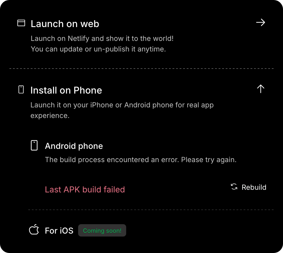 Build failed message with Rebuild button shown.