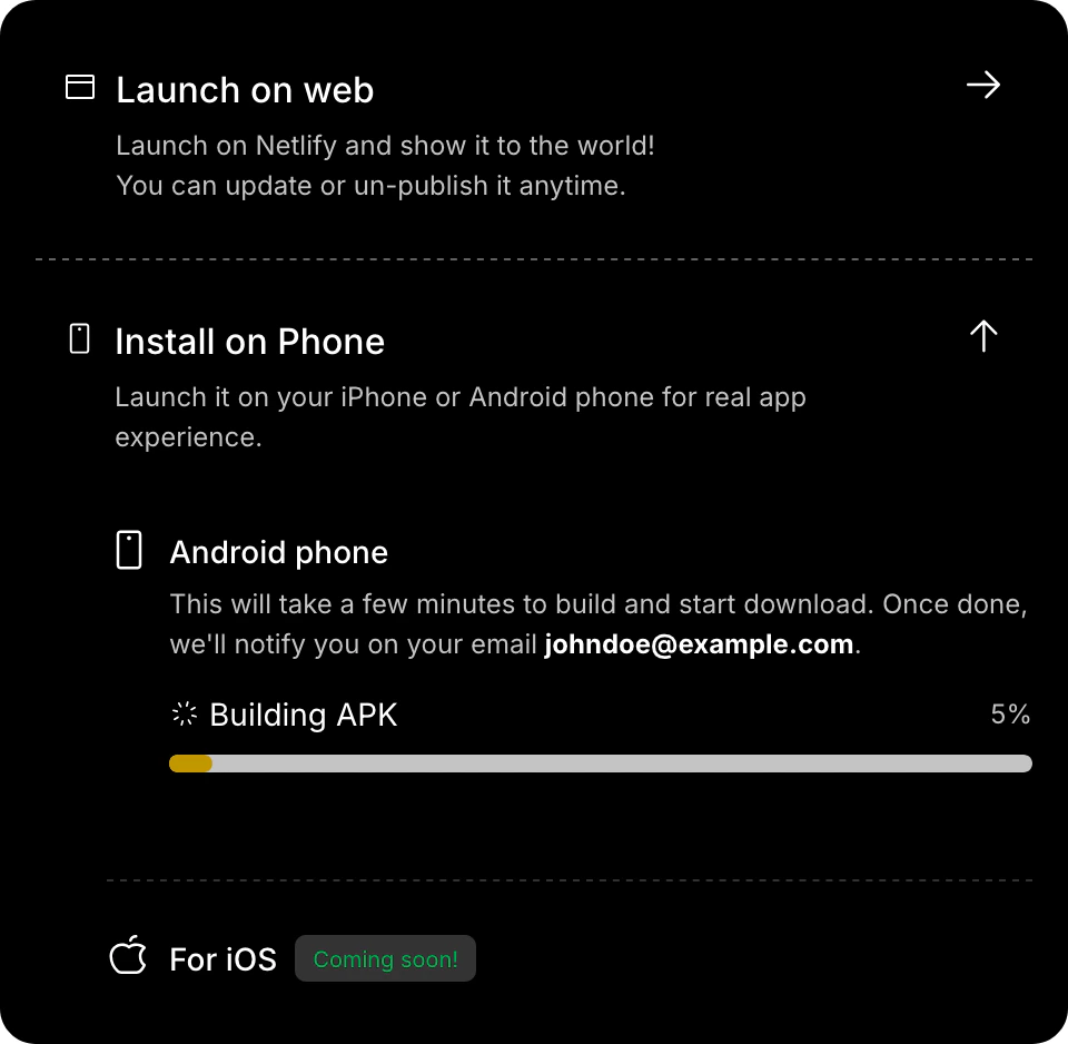 Progress indicator during Android app build with message about email notification.