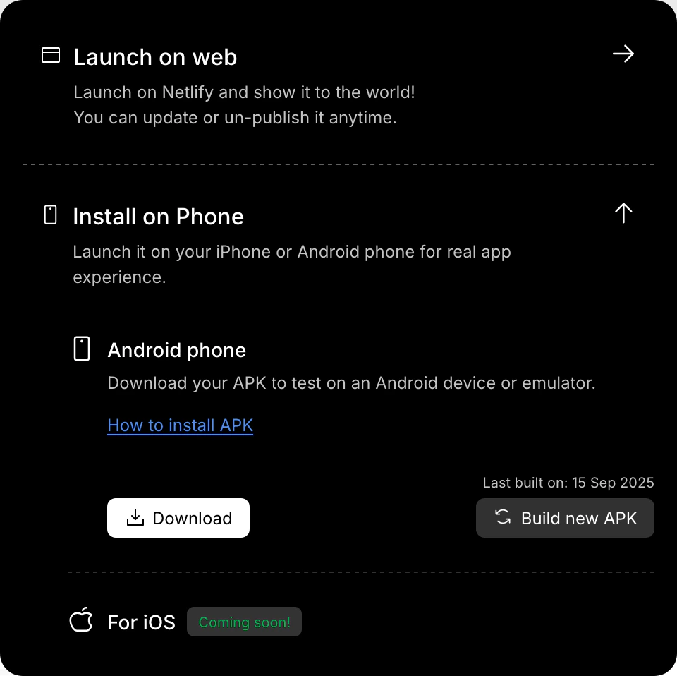 Active Download button available after successful Android build.