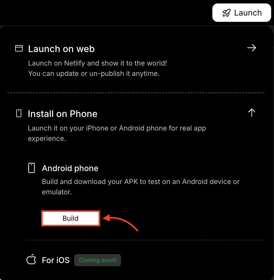 Android build option selected with Build button visible.