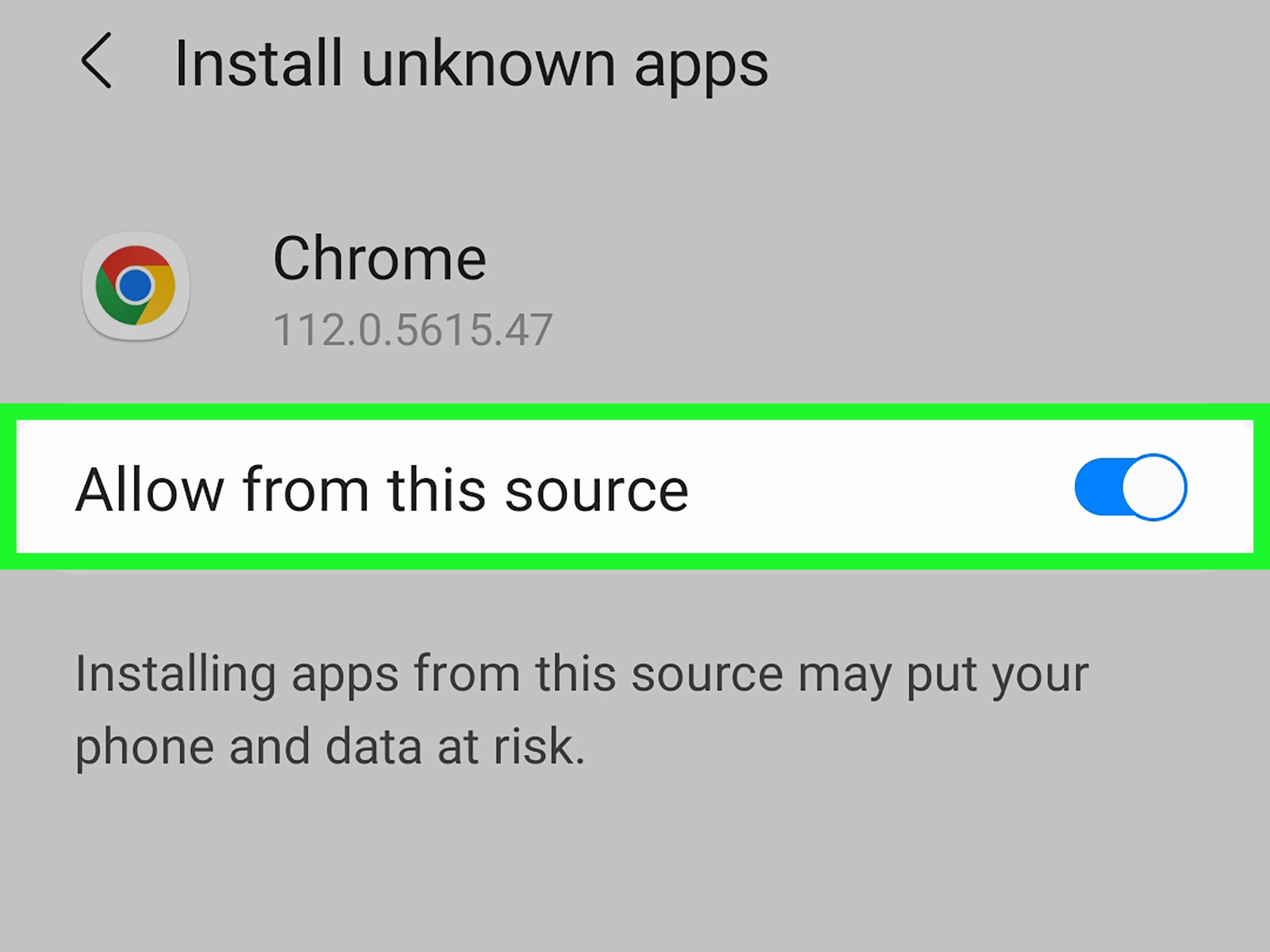 Android settings screen showing 'Allow from this source' toggle enabled.