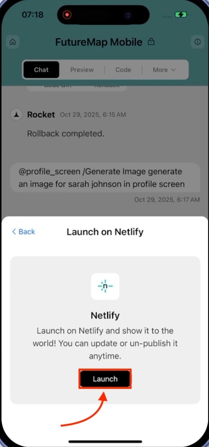 Launch on Netlify modal showing Netlify logo and Launch button.