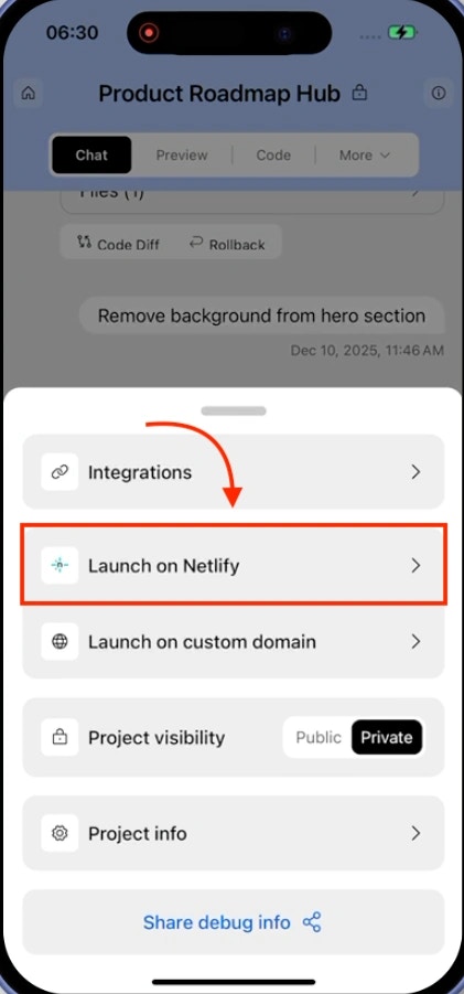Project settings modal showing Launch on Netlify option highlighted.