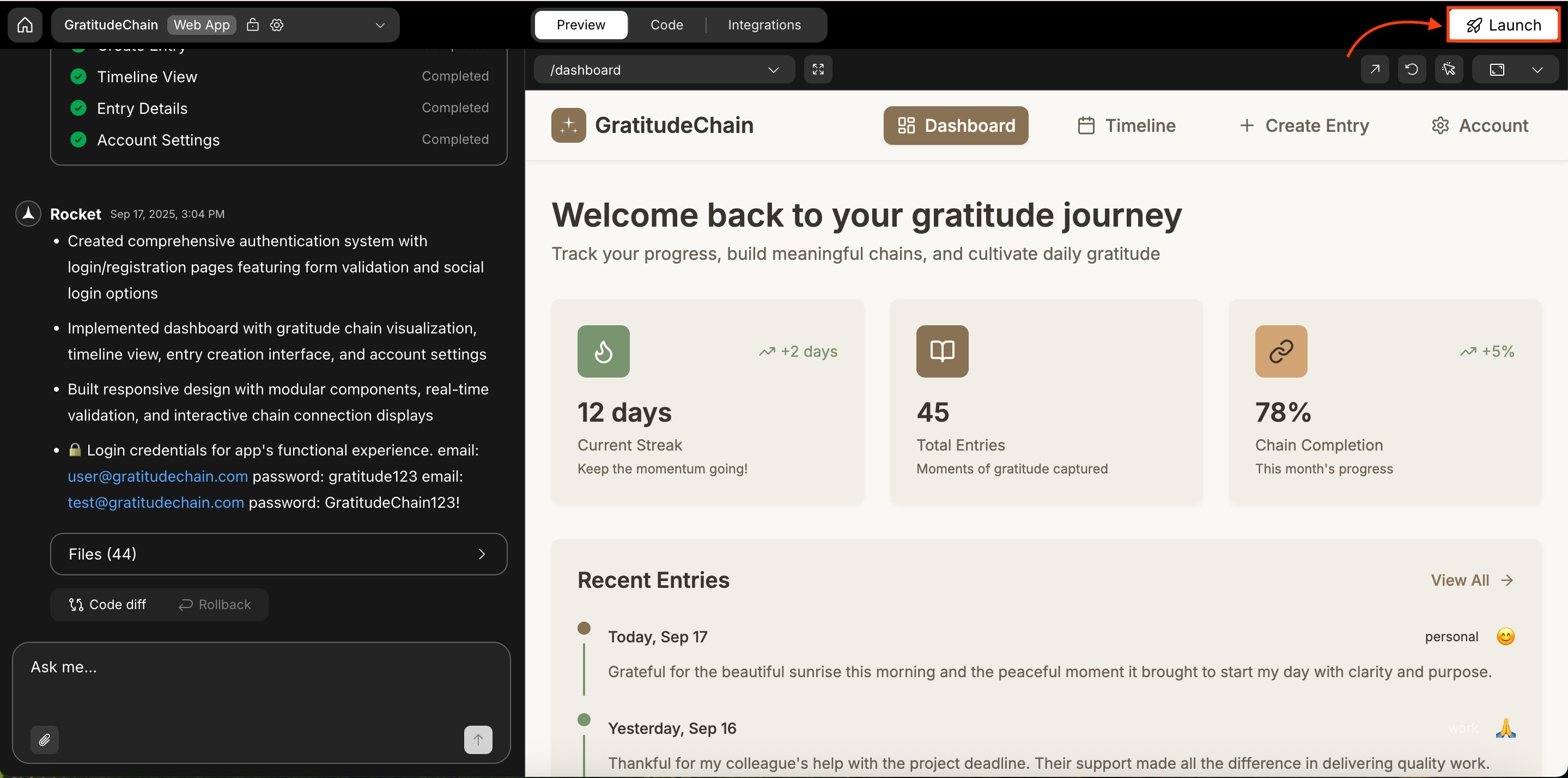 Launch button in the top-right of the project screen.