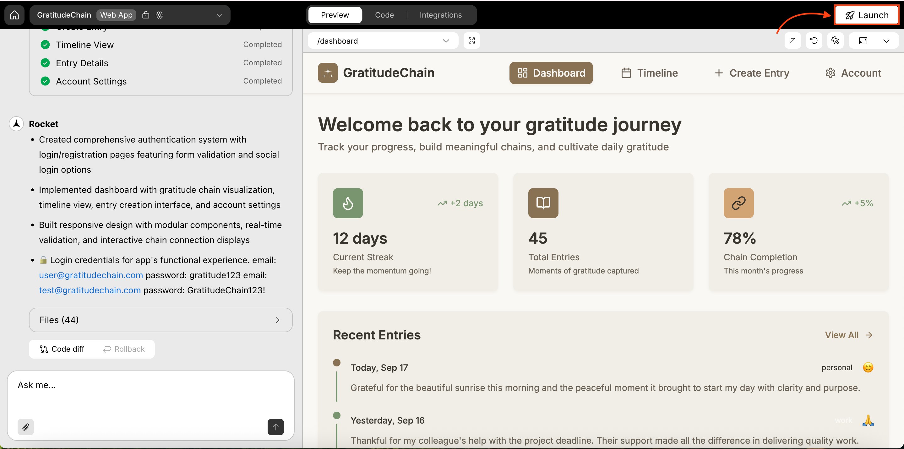 Launch button in the top-right of the project screen.