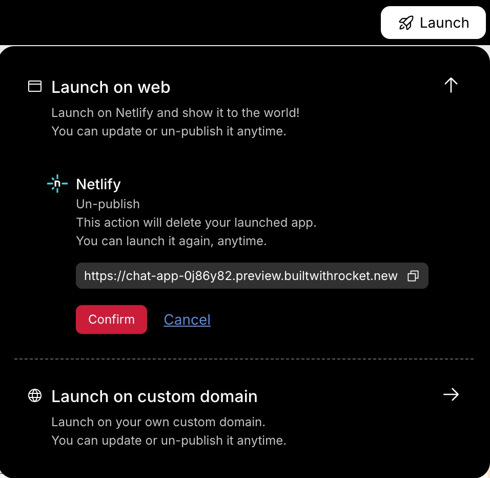 Unpublish confirmation popup with Cancel and Confirm buttons.