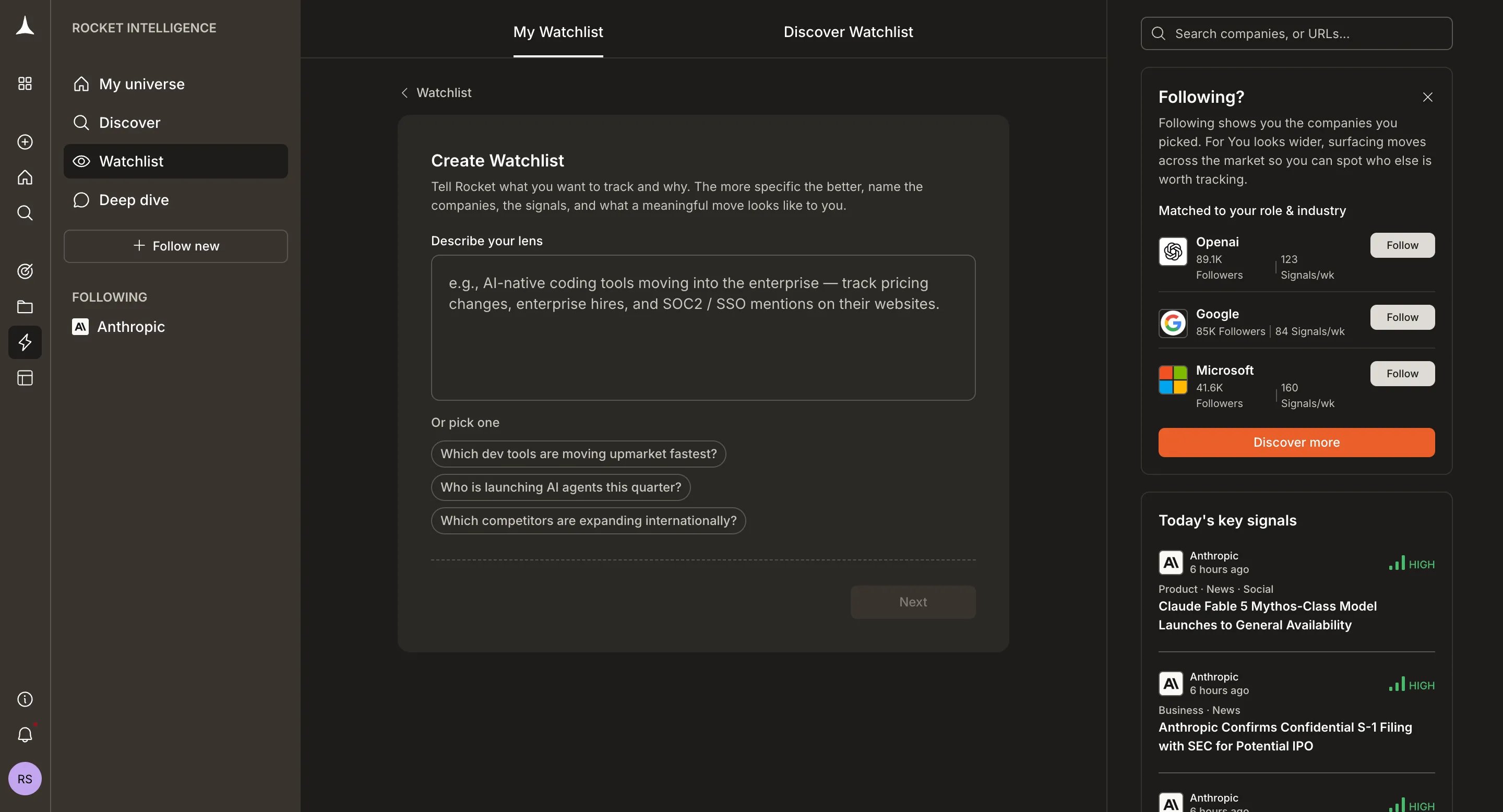 Create Watchlist form with lens description textarea and example prompt chips