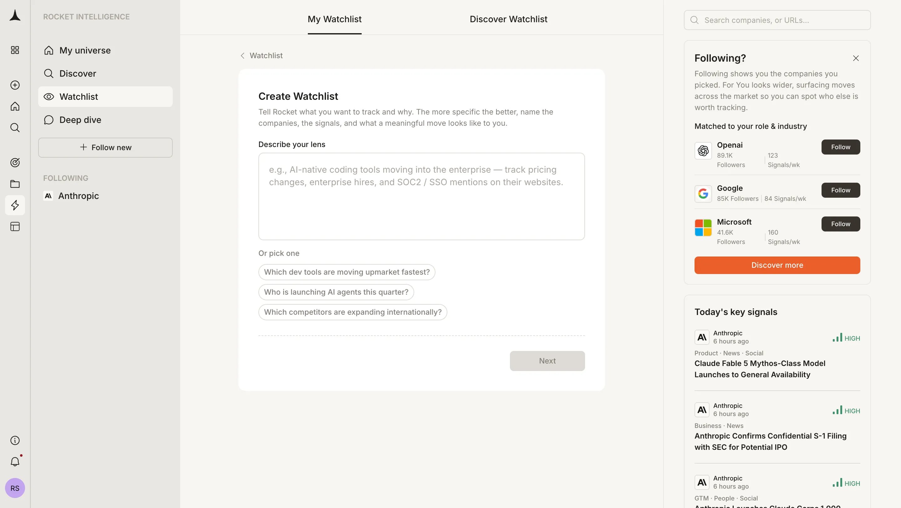 Create Watchlist form with lens description textarea and example prompt chips