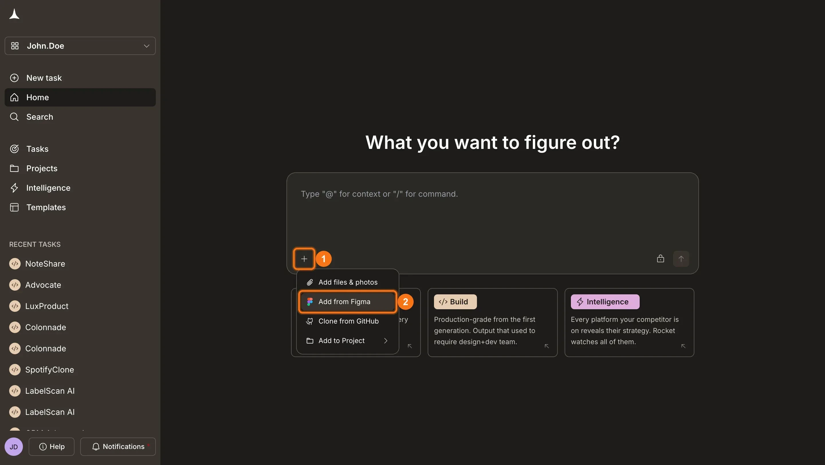 The + button menu open with Add from Figma highlighted.