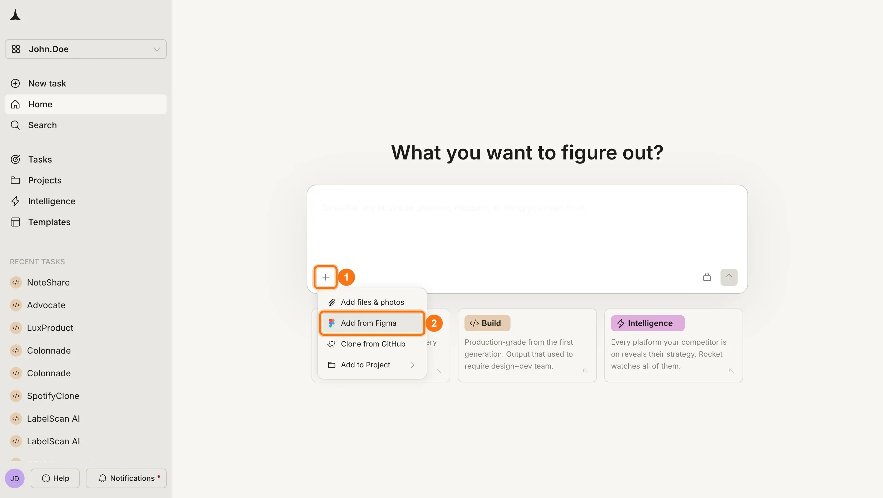 The + button menu open with Add from Figma highlighted.