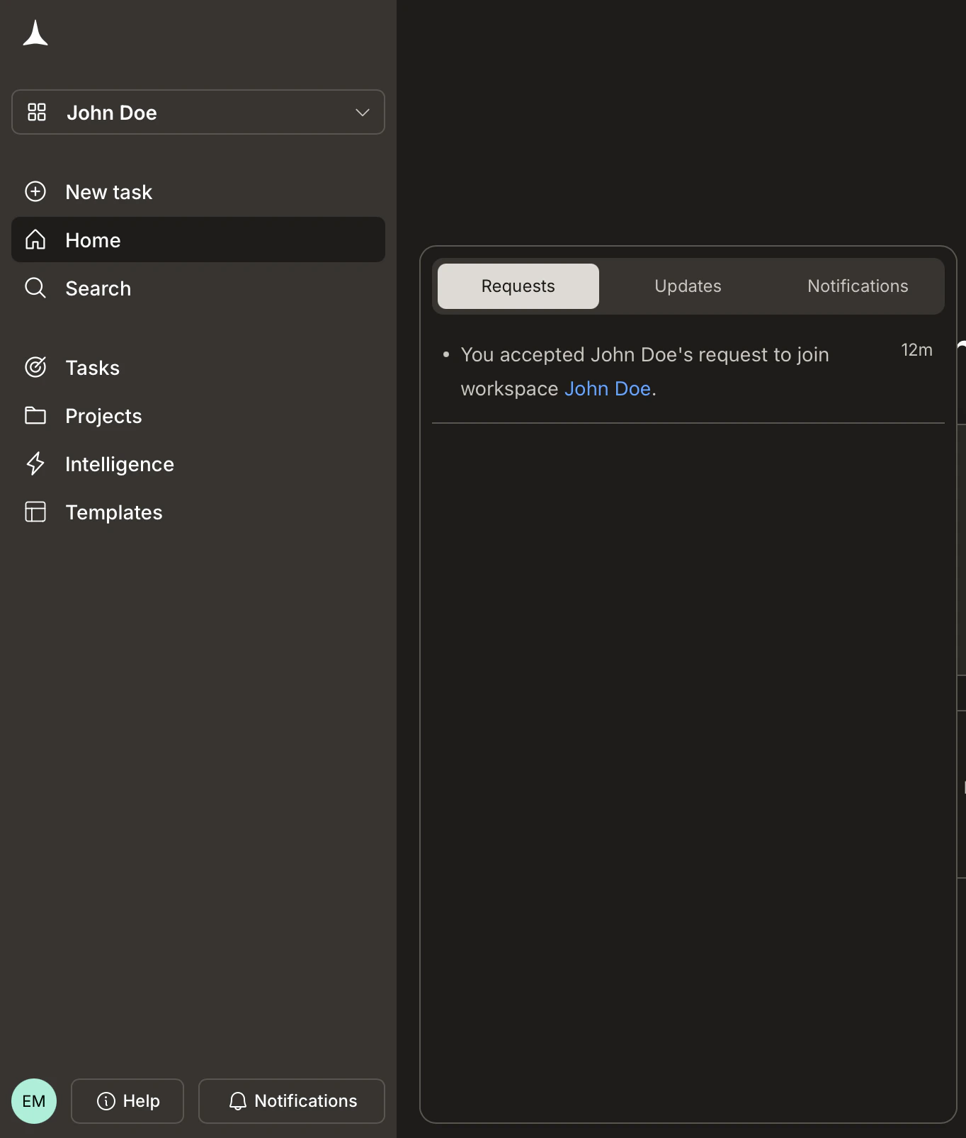 Notification panel Requests tab showing an accepted workspace invitation.