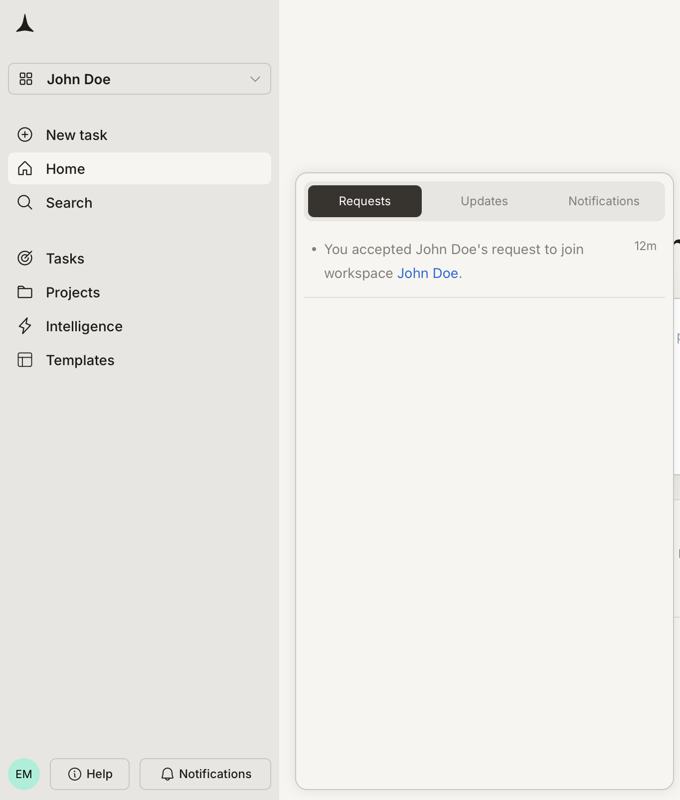 Notification panel Requests tab showing an accepted workspace invitation.