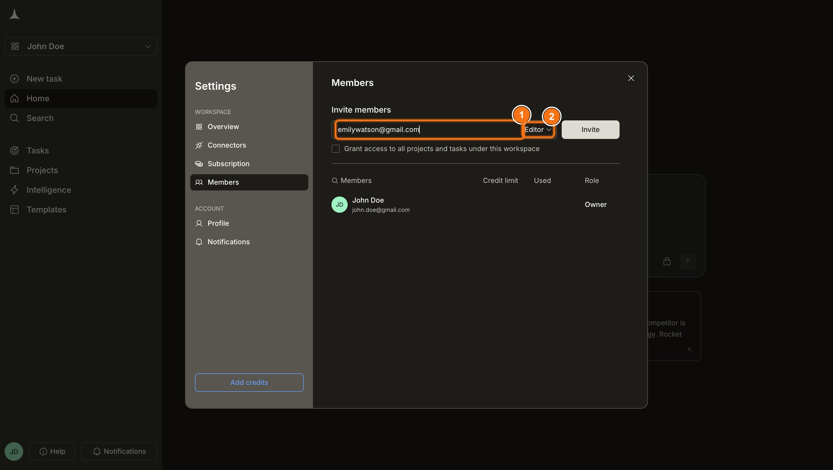 Members settings panel with email input and role dropdown.