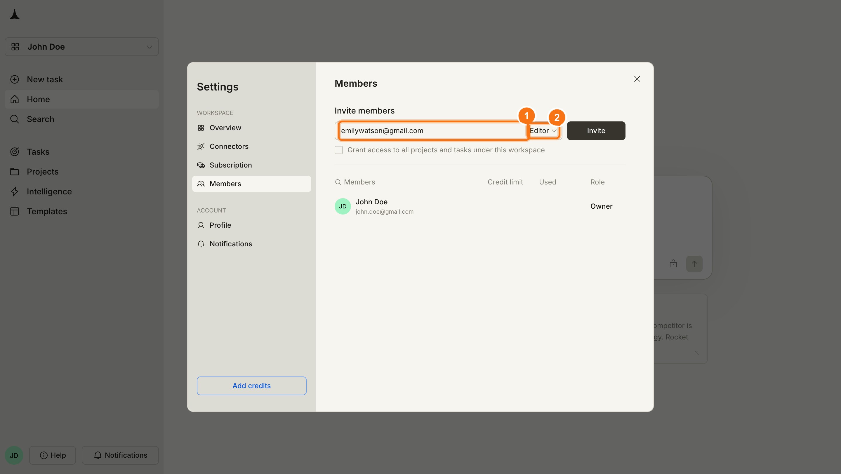 Members settings panel with email input and role dropdown.