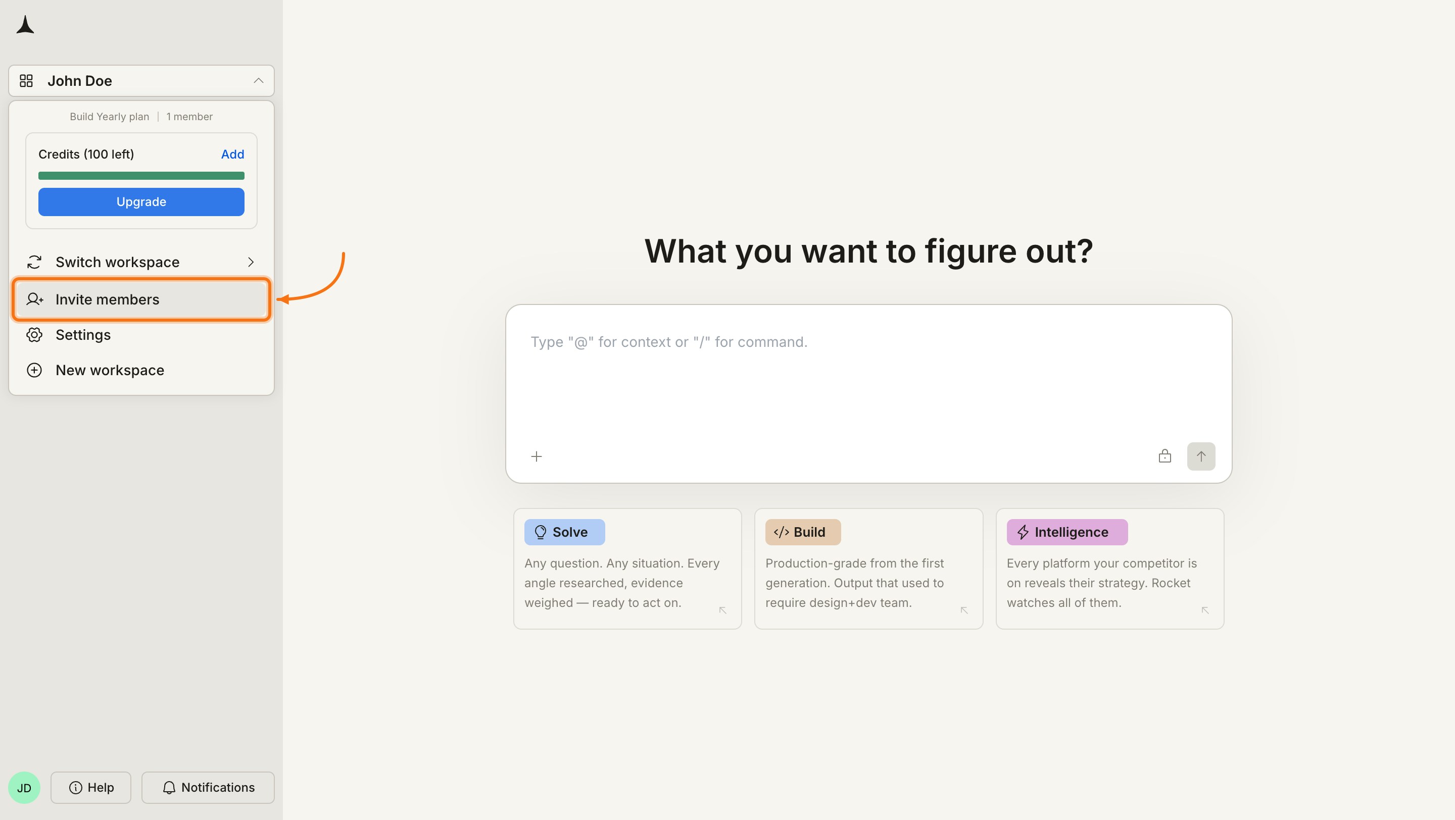 Workspace dropdown menu with Invite members highlighted.