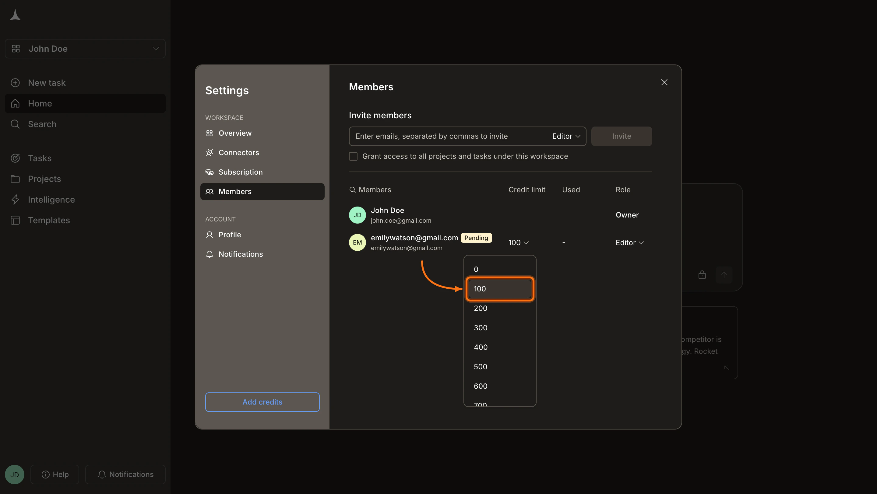 Credit limit dropdown open showing options from 0 to 700.