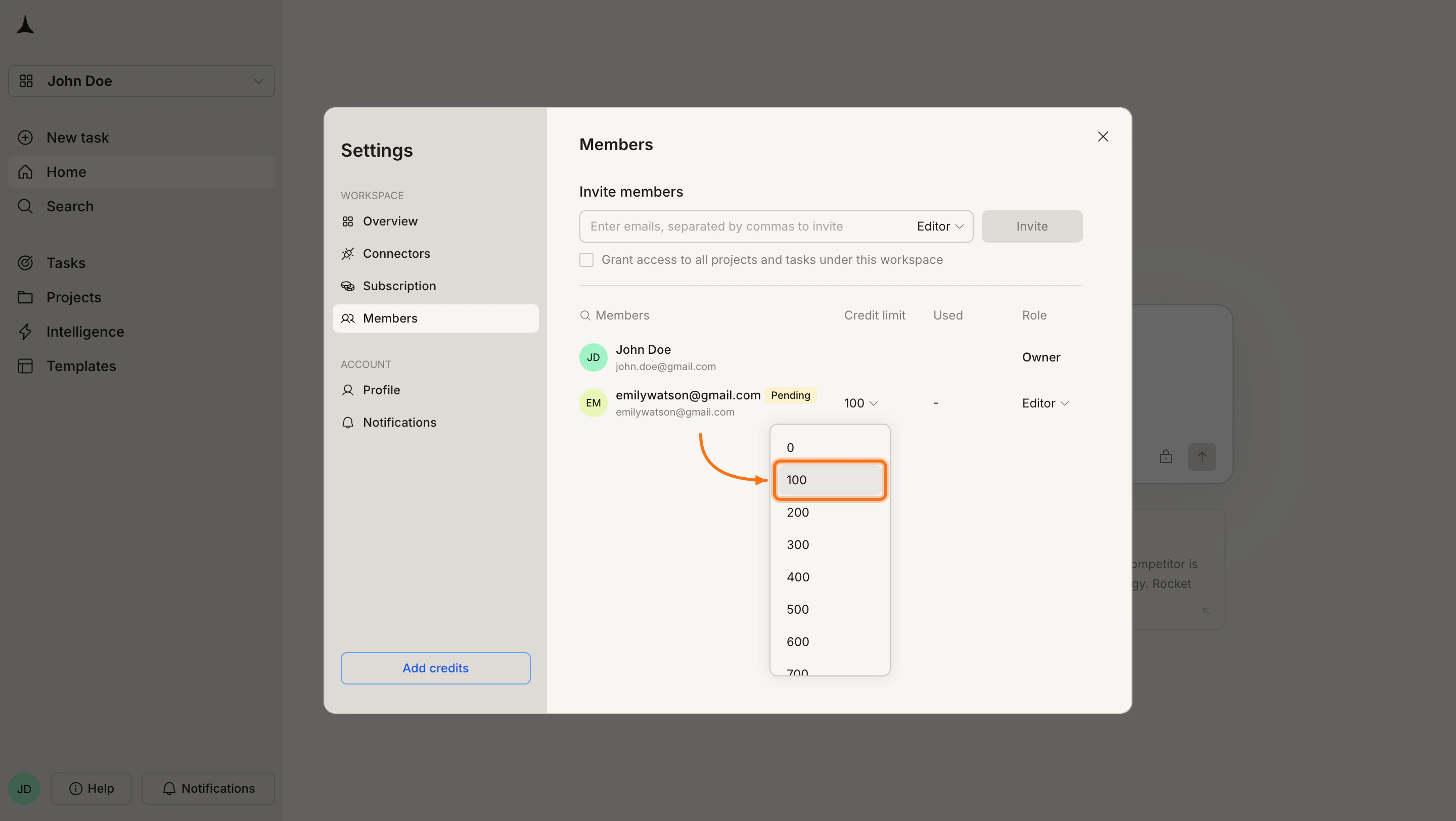 Credit limit dropdown open showing options from 0 to 700.