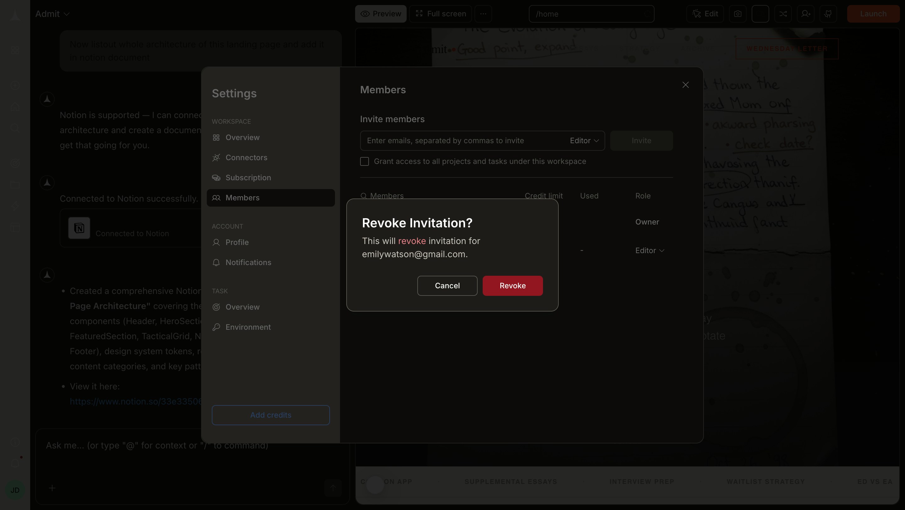 Members panel showing the Revoke invite option highlighted in the role dropdown.
